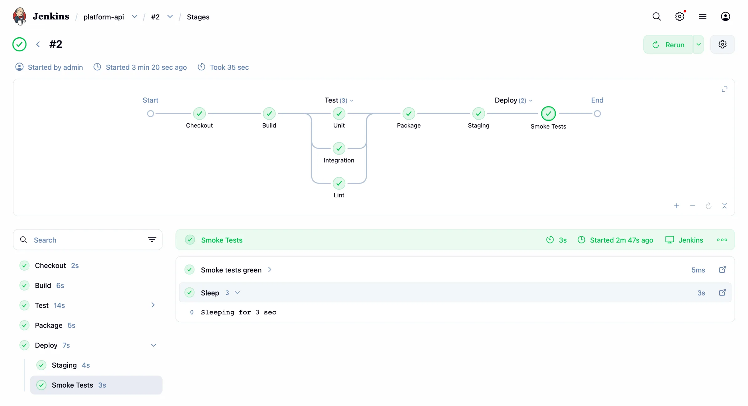 The Pipeline: Graph View Stages page for the same build, inside the classic Jenkins UI: the stage graph with parallel Test branches and nested Deploy stages, a stage list on the left, and the selected stage's steps and log on the right