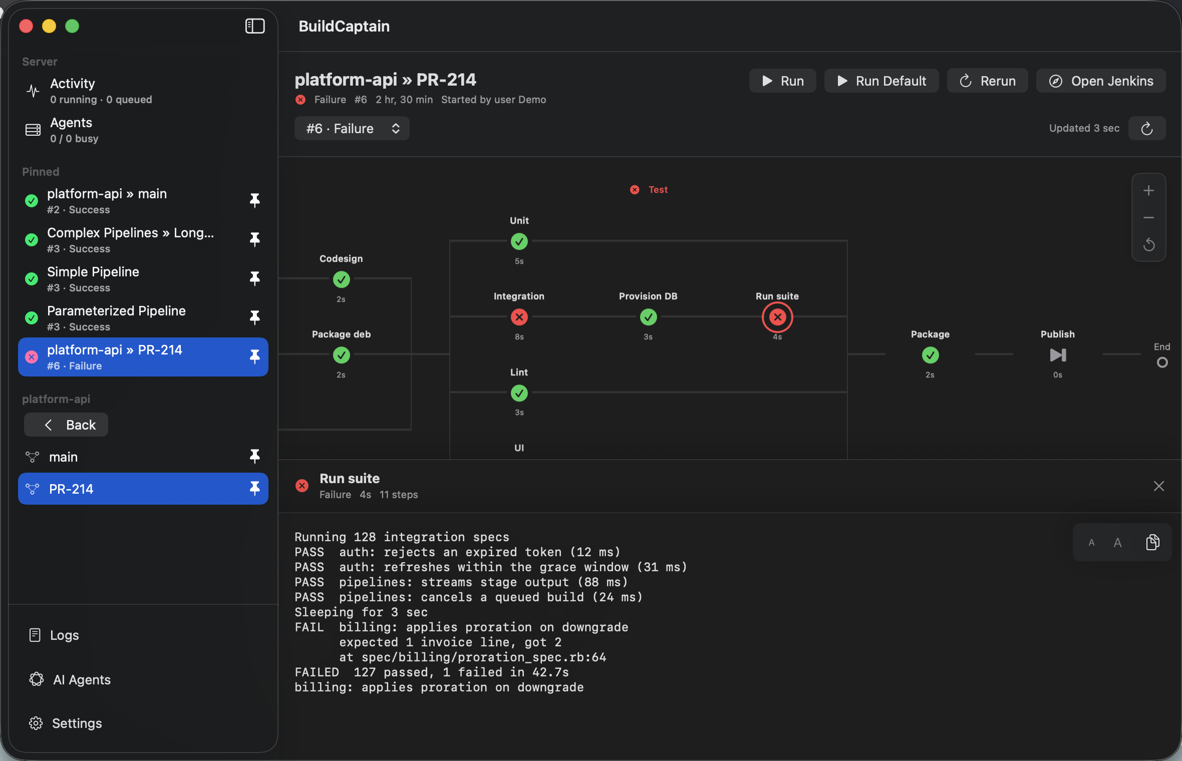 BuildCaptain showing a pipeline's stages with the console output of a failed step