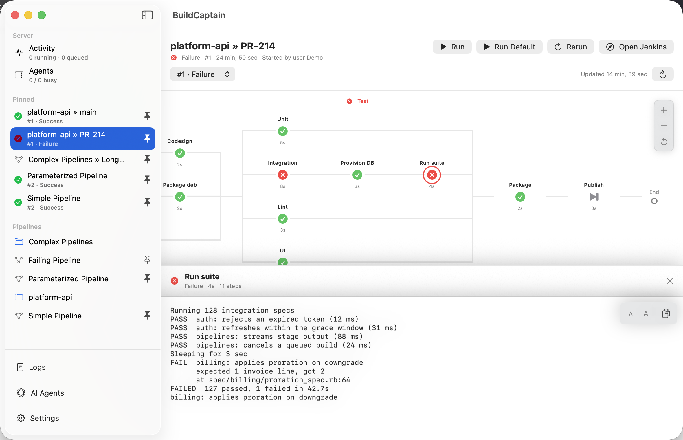 BuildCaptain showing a pipeline's stages with the console output of a failed step