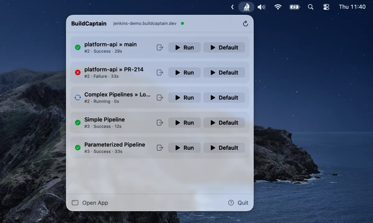 Your pinned pipelines, one click from the menu bar